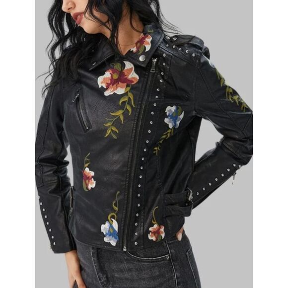 Jackets & Blazers - Faux Leather Biker Black Moto Jacket Floral Embroidery FLAWS Unique Approx Sz S